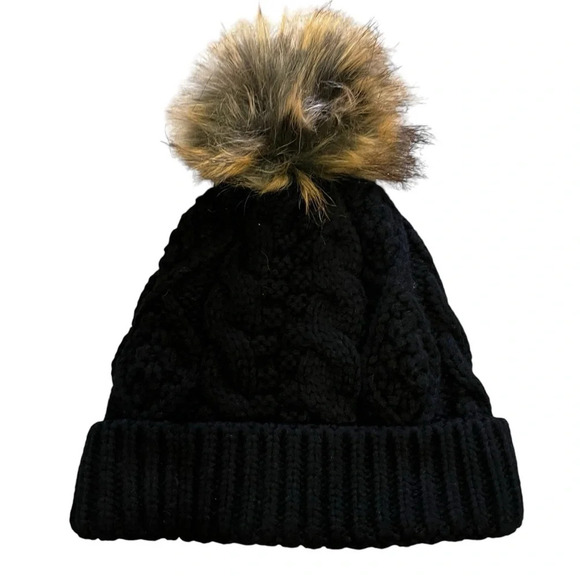 Panache Fleece lined Black Knit Beanie Winter Cable Hat with Pom - OS- NWOT - Picture 2 of 4